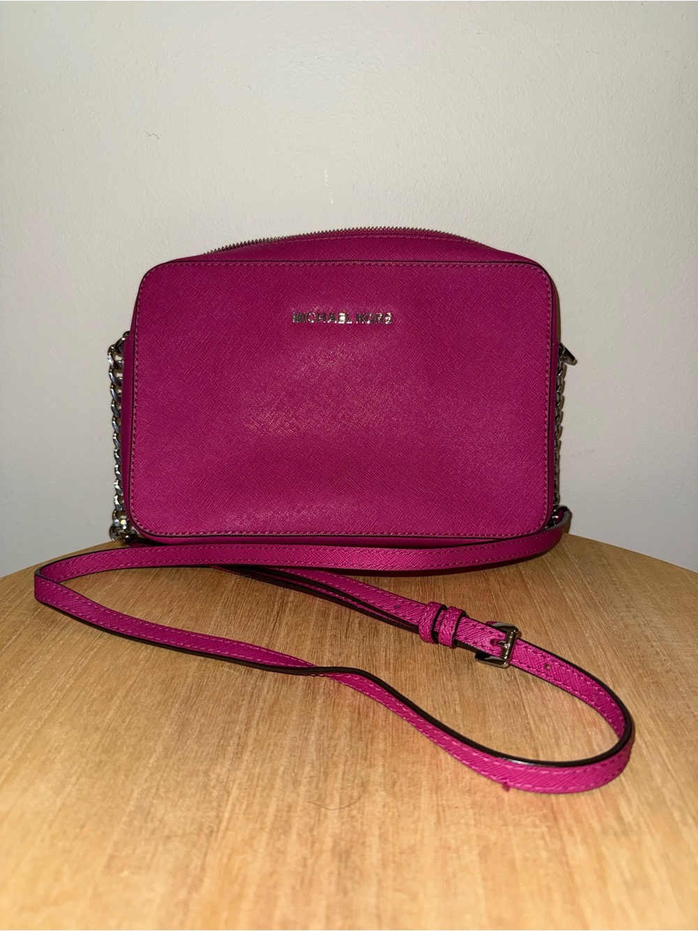 MICHAEL KORS Magenta Leather Crossbody with Silver Hardware